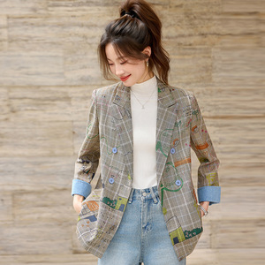 Women's Plaid Blazer Gray Graffiti Pattern Casual Work Wear Autumn Winter Style - Product Image 3