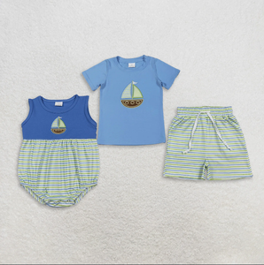 Baby Boys Embroidery Boats Blue Shirts Top Stripe Pockets <b>Shorts</b> Clothes Sets Sleeveless Stripe <b>Rompers</b> - Product Image 1