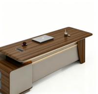 Bureau de direction moderne de luxe en forme de L avec bande lumineuse LED et tiroirs, poste de travail en bois pour PDG avec armoire latérale