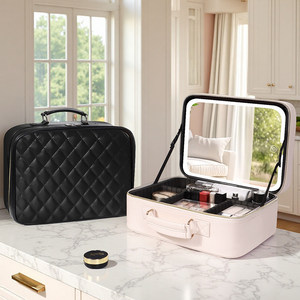 Sac de maquillage personnalisé avec éclairage LED et miroir, <span class=keywords><strong>organiseur</strong></span> portable en <span class=keywords><strong>cuir</strong></span> PU pour le rangement des cosmétiques en voyage - Product Image 3