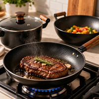 Ensemble de 3 ustensiles de cuisson en fer fin de haute pureté, antiadhésifs, compatibles avec les cuisinières à gaz, poignées en bois, couvercles en verre, durables et écologiques