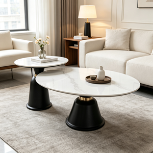 Ensemble de tables basses gigognes rondes modernes avec plateau en marbre, design minimaliste pour salon, base blanche - Product Image 3