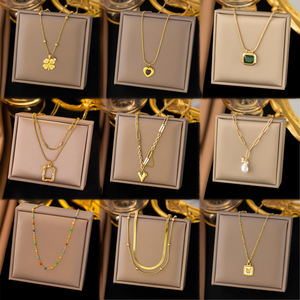 Lujo 18K chapado en oro de acero inoxidable corazón mariposa colgante collar <span class=keywords><strong>mujeres</strong></span> doble superposición cadena cubana collar joyería - Product Image 1