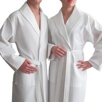 Peignoir Gaufré en Coton 100% Personnalisé avec Logo, Col Châle, Unisexe Hommes et Femmes, Blanc, Robe de Bain pour Hôtel