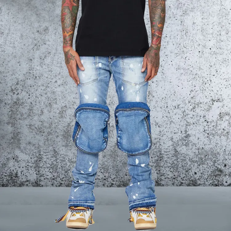 Clothing Manufacturer Wholesale Light Blue Washed Denim Pants Men Custom Utility Big Pockets Stacked Flare Jeans