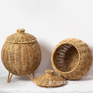 Hand Woven Rattan Basket Oval With Lid <b>Standing</b> Type Storage For Plant <b>Desktop</b> Use - Product Image 1