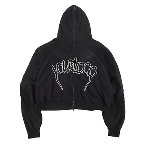 Custom Logo 100 Percent Cotton Raw Edge Zip up Hoodie Men Deconstructed Patchwork Cropped Hooded <b>Jacket</b> <b>Gothic</b> Streetwear Coat - Product Image 1