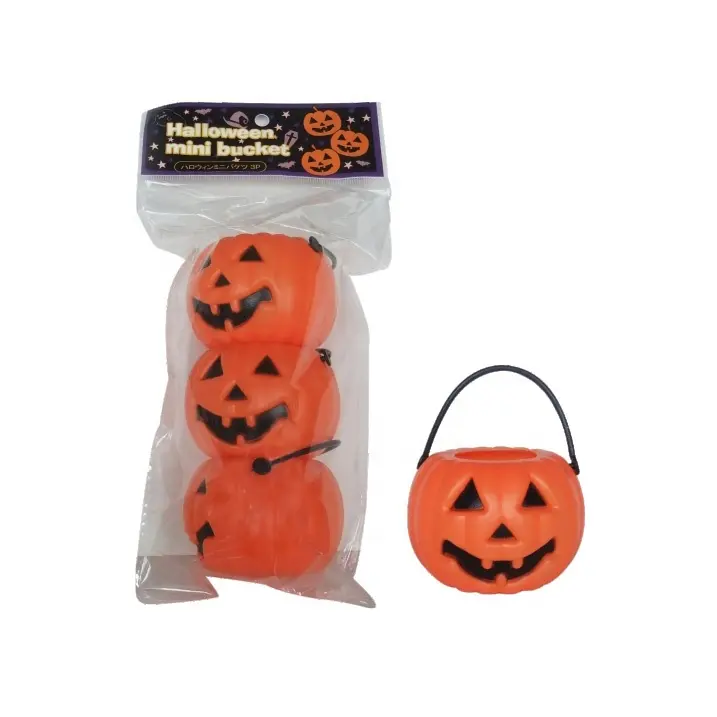 Venta al por mayor Mini plástico calabaza caramelo cubo cesta Halloween linterna cestas