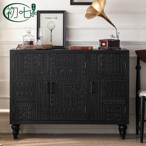 Wabi Sabi Style Black Carved <b>Sideboard</b> 900mm+ 3 Compartments <b>Storage</b> Living Room Cabinet - Product Image 1