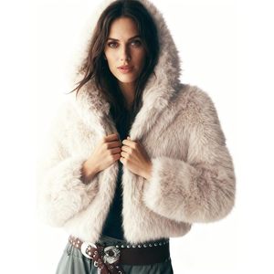 Abrigo de piel sintética para mujer, corto, con capucha, chaqueta de invierno con cremallera, frente abierto, cálido, con bolsillos - Product Image 2