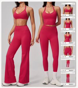 Pantaloni da Palestra Senza Cuciture per Donna, Pantaloni a Gamba Larga, Leggings Fitness, Pantaloni a Zampa e Top Corto Sportivo, Abbigliamento Yoga - Product Image 4