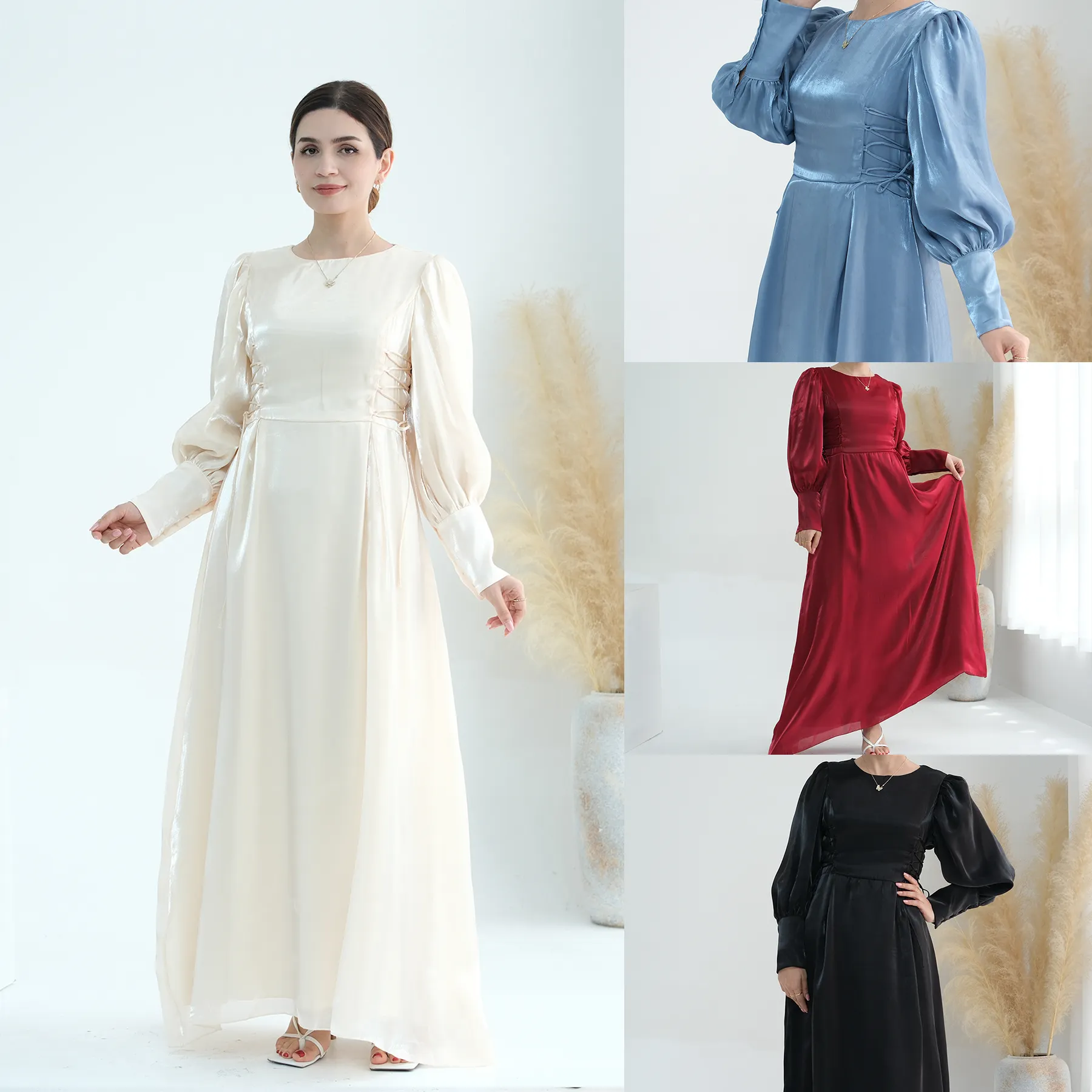 2024 New Arrivals Adjustable Waist String Style long sleeve abaya muslim elegant maxi wrap shinny fabric dresses