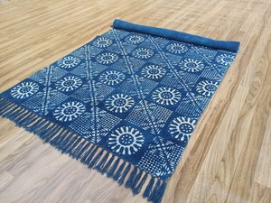 Handmade Indigo Cotton Dhurrie Rug <b>Block</b> Print Area Carpet Bohemian Style Floor Rug Home Decor - Product Image 2