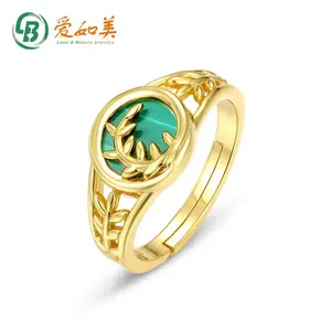 Vintage Fashion Gold Vermeil Bohemian Elegant Olive Branch Malachite Gemstone Ring Silver Signet Adjustable Size 925 Ring