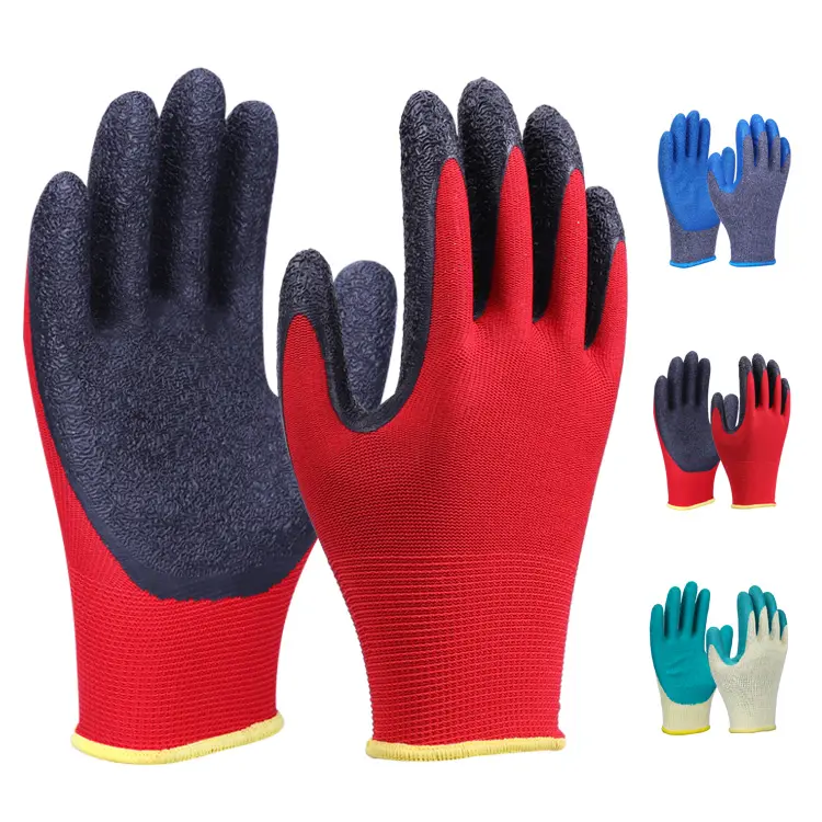 Xingyu 13G Rood Polyester Zwart Latex Rimpel Custom Handschoenen Met Logo Guantes De Trabajo Latex Werkhandschoenen