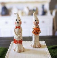 Figurine en résine fantôme d'Halloween mignonne HOUSEDECO, style vintage, avec nœud papillon et citrouille, écologique, décoration rustique effrayante