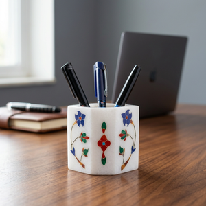 Handcrafted <b>White</b> Marble Inlay <b>Pen</b> Holder Pietra Dura Desk Organizer for Office & Home - Product Image 3