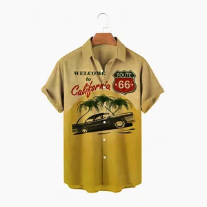 2023 Route 66เสื้อชายหาดต้นมะพร้าววินเทจสำหรับผู้ชายเสื้อผ้า3D ผู้ชายเสื้อฮาวายย้อนยุครถคลาสสิกวันหยุดแฟชั่น