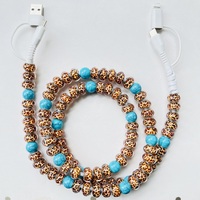 Câble de charge rapide pour téléphone portable 4-en-1 USB avec perles turquoise et imprimé léopard pour les fêtes