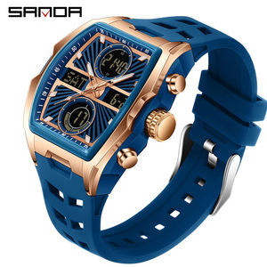 SANDA 6299 Montre pour homme en forme de tonneau à double affichage, plusieurs fuseaux horaires, alarme, montre-bracelet électronique multifonctionnelle étanche - Product Image 1