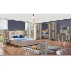 Melamin MDF modern yatak odası mobilyası set modeli arapça tarzı zarif kral çift yatak odası setleri 5 adet