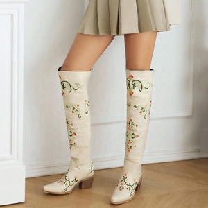 Women Floral Embroidered Over Knee High Boots Ladies Low 6cm Wedge Heels <b>Shoes</b> Pointed Toe Flower Long Booties - Product Image 2