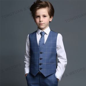 Abbigliamento personalizzato Tuxedo per bambini abito corto 3 pezzi blu <span class=keywords><strong>a</strong></span> quadri gilet abito da ragazzo formale per l'estate - Product Image 5