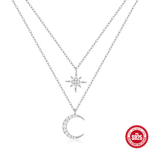 Collier en argent sterling S925 double rangs avec étoile et lune serties de diamants, pendentif étoile à huit branches pour femme - Product Image 6
