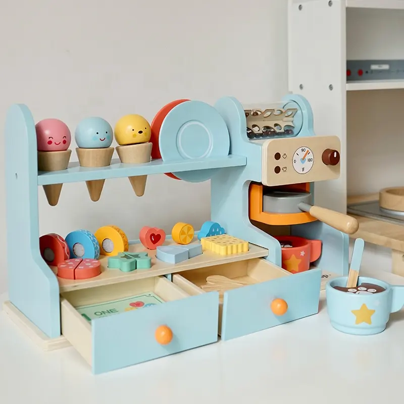 लकड़ी के आइसक्रीम कॉफी काउंटर खिलौना सेट माता-पिता-बच्चे का खेल बच्चों के लिए मोंटेसरी खिलौने रोल प्रेटेंड प्ले खिलौने बच्चों के लिए