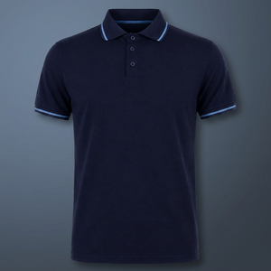 Men's <b>Navy</b> Blue Short Sleeve Cotton Pique <b>Polo</b> <b>Shirt</b> With Light Blue Trim Casual Wear - Product Image 3