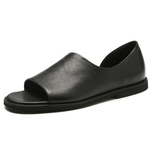 Mules en cuir véritable noir à bout ouvert, semelle extérieure en caoutchouc respirante, pantoufles d'été pour hommes - Product Image 5
