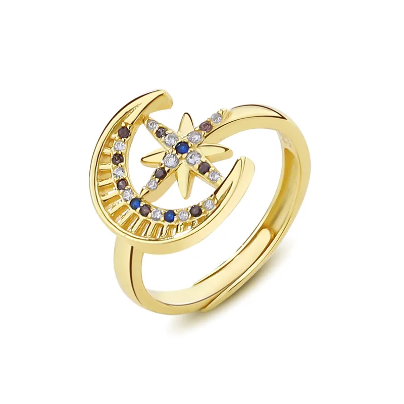 Cincin Dapat Disesuaikan 2023 925 Perhiasan Perak Murni Piring Emas Zirkon Warna-warni Cincin Bulan dan Bintang untuk Wanita