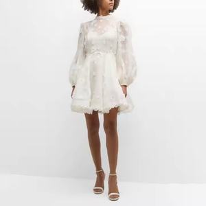 Nouvelle arrivée, robe décontractée d'automne de haute qualité, manches longues, dentelle florale, robe en mousseline de soie, robe blanche modeste - Product Image 4