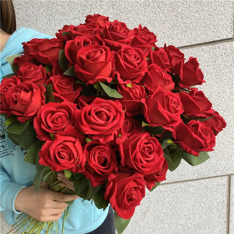 D050764 China Rot Staubigen Rosa Weiß Künstliche Seide Real Touch Latex Samt Rose Blume Künstliche Blumen für Hochzeit Home Decor