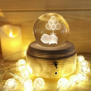 Custom Song Music Box LED USB Charging Luminous Wood Base Rotating Wooden Lamp Base for Crystal Ball Gift Valentine Christmas