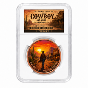 Groothandel 1oz Zuiver Koperen Cowboyrijder Munt Westerse Paard UV Gedrukte Herdenkingsmunt met Display Slab - Product Image 1