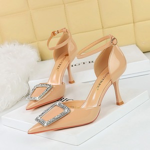 Female High Heels Shallow Mouth <b>Pointed</b> <b>Toe</b> Hollow Sandals with <b>Flat</b> Metal Rhinestone Buckle for Bridal Styles - Product Image 3