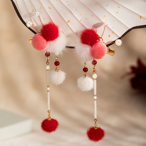 Liquidación de accesorios para el cabello Hanfu para niños, pinzas para el cabello con borlas y pompones, pinzas para el cabello de estilo antiguo etéreo, esponjosas - Product Image 3