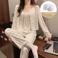 Pyjama long à manches longues et épaules rembourrées pour femmes, ensemble trois pièces en coton floral printemps/automne, frais, innocent, pur