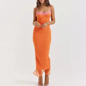 MeiYue Dresses Wholesale Orange Elegant Lace Slip Mermaid Dress Women's High Quality Summer Casual Dress