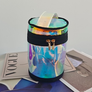 High End Cylinder Round Shape PVC <b>Bag</b> Laser Holographic Gradient Waterproof 10 inches <b>Makeup</b> <b>Bag</b> Women <b>Bag</b> - Product Image 1