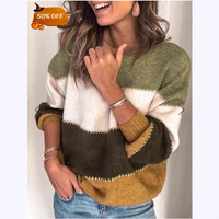 Pull midi décontracté EBAY pour l'hiver, polyvalent, à blocs de couleurs, rayé, à manches longues, col rond, coupe ample