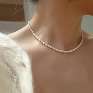 Collar de perlas de imitación eManco de 3 mm, ovalado, blanco, de acero inoxidable, cadena para clavícula para mujer, venta directa de fábrica. - Product Image 5