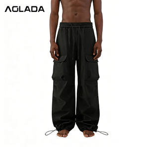 중국 공장 핫세일 맞춤형 카고 팬츠, 사이드 대형 포켓, 드로스트링 와이드 레그 카고 남성용 바지 - Product Image 4