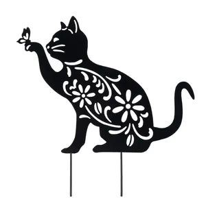Estacas de gato de hierro forjado, estatua de gato tallada hueca, decoración de jardín, adornos, arte de Metal, silueta, decoración del hogar