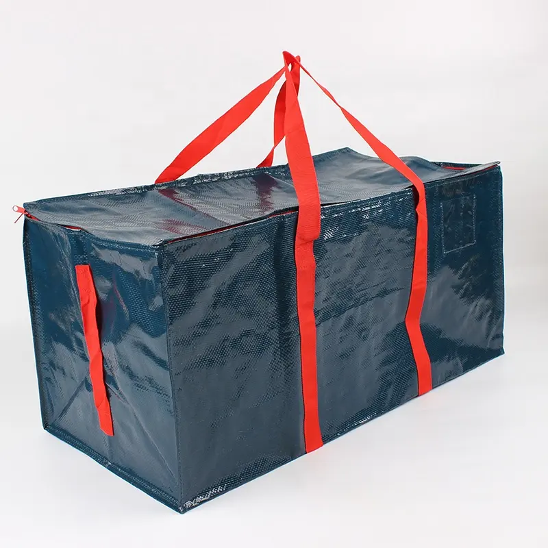 Bolsa móvil de almacenamiento tejida, bolsa gruesa Extra grande de PP con mango envolvente y cremallera para viaje, Logo laminado impreso