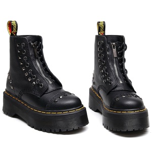 Lace-up double-strap thick-soled 8-hole locomotive <b>boots</b> with front zipper Short <b>boots</b> with top made of lychee-patterned fabric - Product Image 3