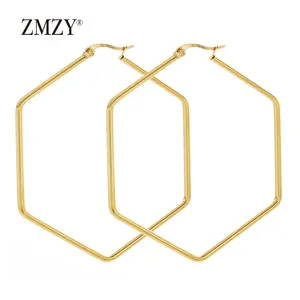 ZMZY 패션 간단한 큰 드롭 문 스테인레스 스틸 육각 기하학 여성 골드 후프 귀걸이 보석