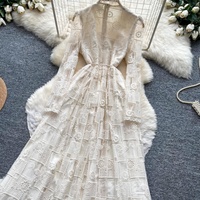 Robe longue décontractée pour femme, élégante, en dentelle brodée, à manches longues, coupe trapèze, avec cordon de serrage à la taille, pour tous les jours et les soirées