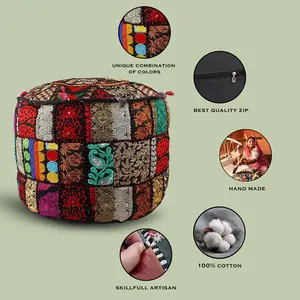 Exquisite Bohemian Decor Handcrafted Embroidery <b>Pouf</b> Ottoman with Vibrant Patterns for Home Sitting Arrangements - Product Image 2
